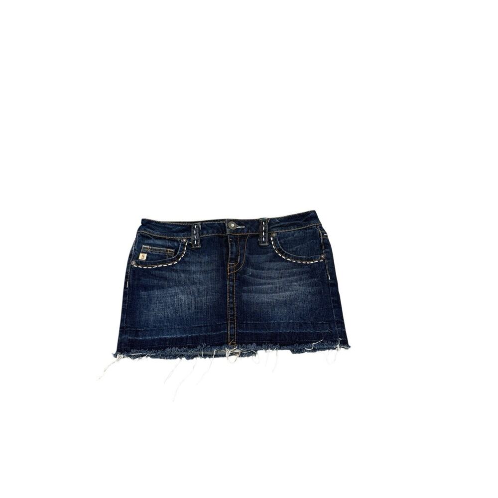Decree Y2K Dark Wash Thick Stitch Denim Micro Mini Skirt Raw Hem Juniors Size 3